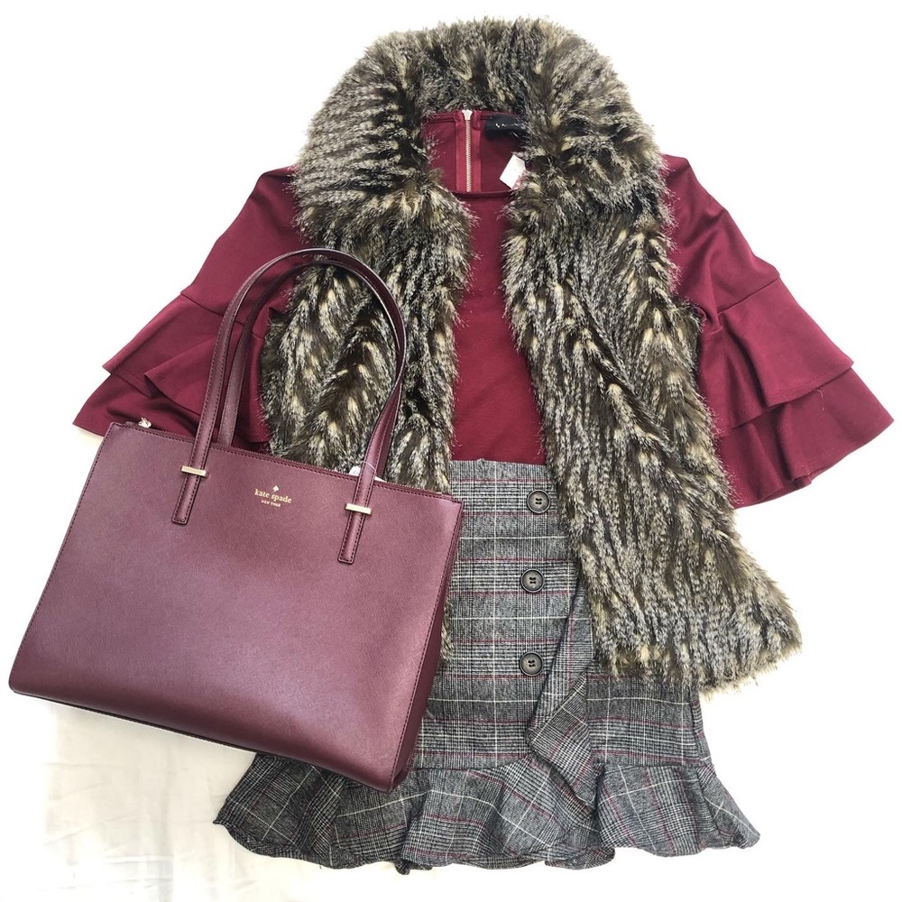 Kate Spade Tote Shoulder Bag Maroon Large Zipper - Picture 2 of 12